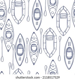 Hand-drawn kayaks, inflatable boats. Vector  seamless pattern.