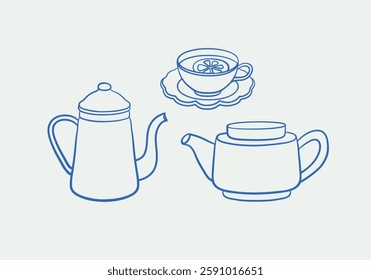 Hand-drawn kettle and cup of tea Illustration. Line art, ink, minimalist style. Vector illustration. Party collection.