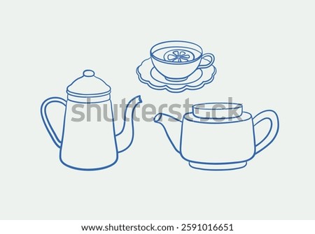 Hand-drawn kettle and cup of tea Illustration. Line art, ink, minimalist style. Vector illustration. Party collection.