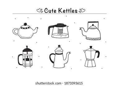Hand-drawn kettles with inscriptions and a simple background. A set of vector isolated elements in a doodle style