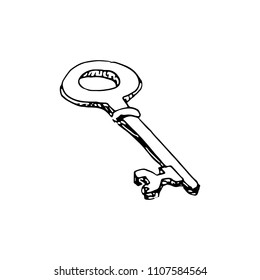 Handdrawn key doodle icon. Hand drawn black sketch. Sign symbol. Decoration element. White background. Isolated. Flat design. Vector illustration.