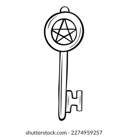 Hand-drawn key with a pentagram. Doodle Vector illustration