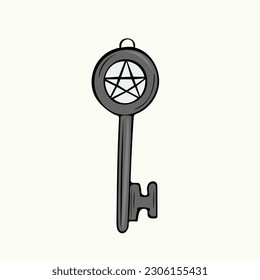 Handgezeichneter Schlüssel mit einem Pentagramm. Vektorgrafik
