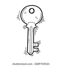 Hand-drawn key sketch. A simple doodle illustration of a vintage key, symbolizing a solution, access, or security.