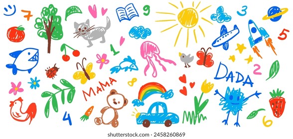 Hand-drawn kids doodle set with childish cute elements: cat, car, sun, cloud, rocket, flower. Vector illustration Isolated on white background