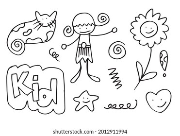 hand-drawn kids doodle set on white background.