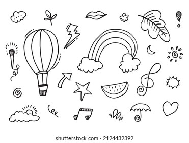 hand-drawn kids doodle set on white background.