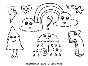 hand-drawn kids doodle set on white background.