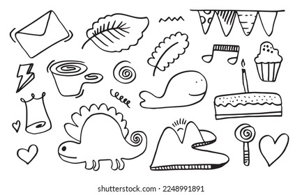 hand-drawn kids doodle set on white background.