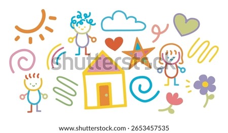 Hand-drawn kids doodle set vector. Nursery decor and educational printable illustration. 