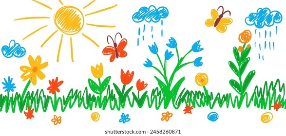 Hand-drawn kid's drawing. Flowers, sun, butterflies, clouds, rain on white background. Vector ill