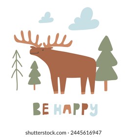 Hand-drawn kids print with elk and Christmas trees. Forest print. Vector illustration of a moose in the forest.