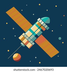 A hand-drawn kids style vector illustration of the International Space Station flying through the vastness of space between Earth and Jupiter. This cartoon space station embodies science, exploration,