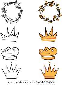 Hand-drawn king and queen symbol, hand drawn flowers wreath. 