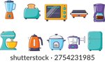 Hand-drawn kitchen appliance collection featuring blender, toaster, oven, coffee maker, stand mixer, electric kettle, rice cooker, food processor, and refrigerator.