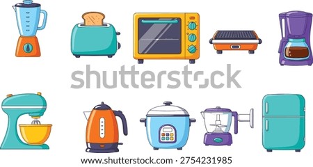 Hand-drawn kitchen appliance collection featuring blender, toaster, oven, coffee maker, stand mixer, electric kettle, rice cooker, food processor, and refrigerator.