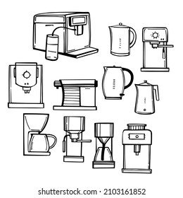 Hand-drawn kitchen appliances set. Coffee machines and kettles. Vector sketch illustration.