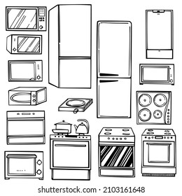 Hand-drawn kitchen appliances set. Fridges, stoves, and microwave ovens. Vector sketch illustration.