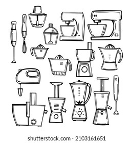 Hand-drawn kitchen appliances set. Mixers and blenders. Vector sketch illustration.