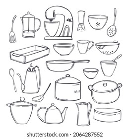Hand-drawn kitchen appliances, tools  and utensils for cooking. Vector sketch  illustration.