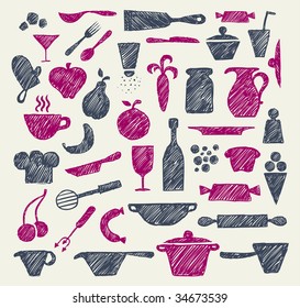 Hand-drawn kitchen supplies. Vector illustration.