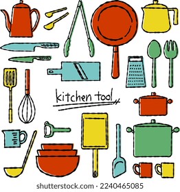 Hand-drawn kitchen tool set, line drawing and misaligned colors
