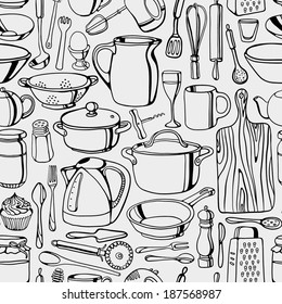 Hand-drawn kitchen tools seamless pattern