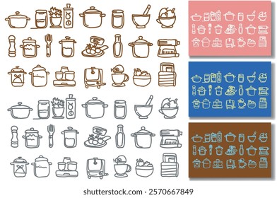 Hand-drawn kitchen utensil icons in brown, blue, pink.