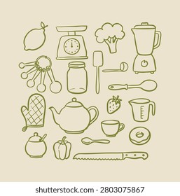 Hand-drawn kitchen utensils, home baking tools, culinary cooking gear, food preparation, and recipe ingredient icons