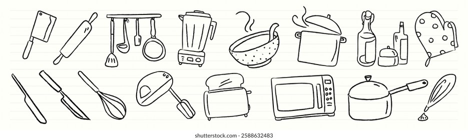 Hand-drawn kitchen utensils including a blender, pot, whisk, and toaster. Simple, doodle-style kitchen items for cooking and baking enthusiasts. Kitchen illustrations, isolated element vector set.