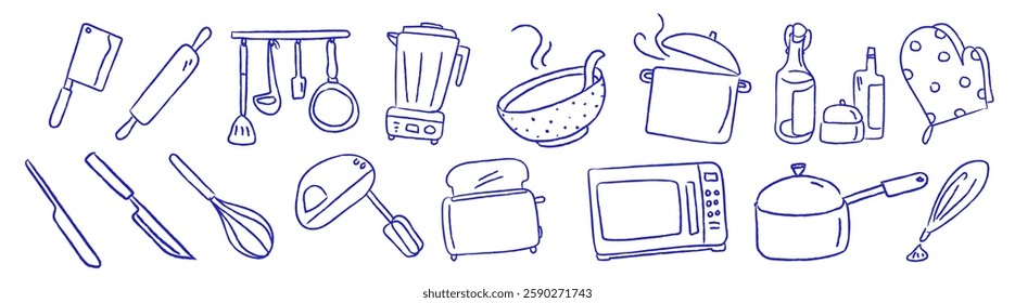 Hand-drawn kitchen utensils, including a blender, pot, and whisk. Simple blue line art of kitchen tools like knives and rolling pins. Kitchen essentials sketch. Kitchen illustrations, vector set.