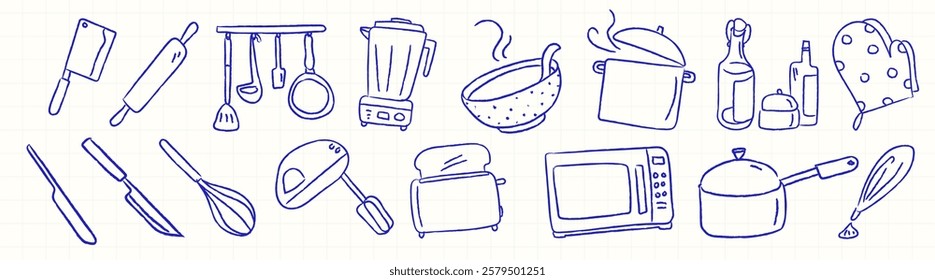 Hand-drawn kitchen utensils including pots, pans, blender, and toaster. Sketches of kitchen tools like rolling pin and whisk. Doodle style kitchen items. Kitchen illustrations, isolated vector set.