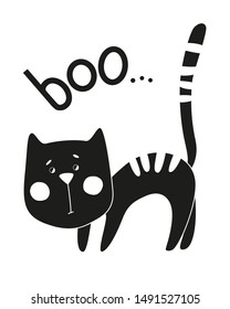 Сute hand-drawn kitten. Black and white illustration with cat and the word Boo.