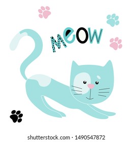 Сute hand-drawn kitten. Little animal illustration with cat footprints and the word Meow for nursery t-shirt, kids apparel, birthday card, invitation, infantile pajamas, playroom decor.