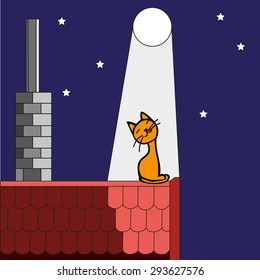 Hand-drawn kitten on the roof in the moonlight. Perfect illustration for children greeting cards, postcards, cover books.