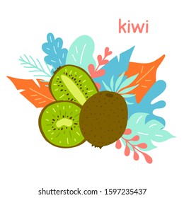 Hand-drawn kiwi on the background of tropical foliage. Colorful vector composition of fruits isolated on a white background. Template for advertising. Trend doodle style.