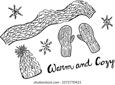 Hand-drawn knitted hat, gloves, and scarf vector doodles. Snowflakes on a white background. Warm and cozy winter comfort.