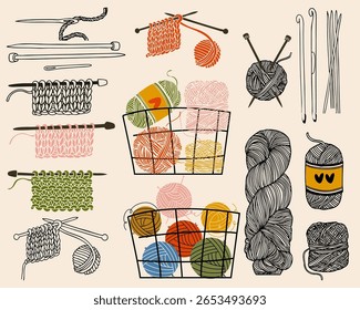 Hand-drawn knitting clipart set, cozy yarn and needles vector illustration