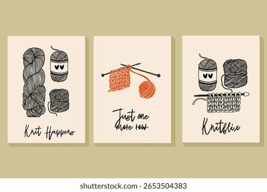 Hand-drawn knitting and crochet clipart set featuring yarn, needles, swatches, and witty quotes. Perfect for crafters, planners, social media, handmade branding, or wall art. Fun and cozy illustration
