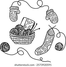 Hand-drawn knitting vector doodles. Knitting basket, socks, mittens, and a ball of yarn on a white background. Inspiration for knitting projects.