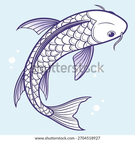 Hand-drawn koi fish illustration with a light purple outline. The fish is swimming in a curved position with bubbles.