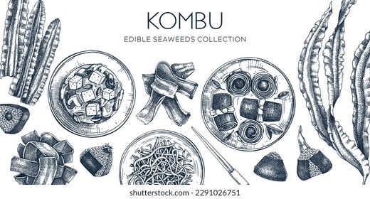 Hand-drawn Kombu banner design. Edible seaweed drawings in sketch style. Sea vegetable illustrations. Healthy food and ingredients vector background. Asian cuisine restaurant menu vintage design.