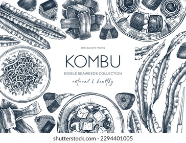 Handgezeichnetes Kombu-Banner-Design. Essbare Algenzeichnungen. Gemüsemaschine im Skizzenstil. Gesunde Lebensmittel, Vektorhintergrund. Speisekarte des asiatischen Restaurants