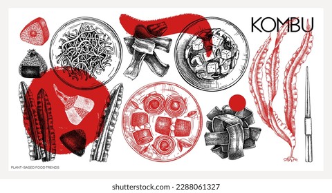 Hand-drawn Kombu sketches set. Edible seaweed drawing in collage style. Sea vegetables vector illustrations.  Healthy food ingredients collection. Japanese cuisine dishes menu design.