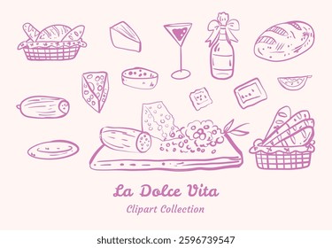 Hand-Drawn La Dolce Vita Food Clipart Set Elegant and Delightful Look For Mediterranean Themed Graphics
