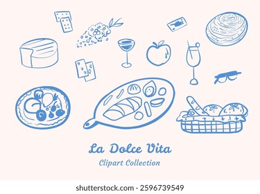 Hand-Drawn La Dolce Vita Food Clipart Set Elegant and Delightful Look For Mediterranean Themed Graphics