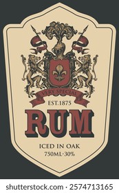 Hand-drawn label or banner for Rum with ornate coat of arms on a red background. Vector heraldic coat of arms with lions, knights helmet, spears, flags and fleur de lis on a shield in vintage style