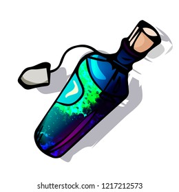 hand-drawn label bottle with glowing liquid inside, vector design