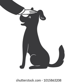 Hand-drawn Label With The Silhouette Cute And Funny Dog With A Wagging Tail And A Man Who Is Petting A Dog. Vector Illustration.