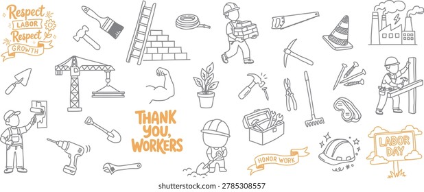 Hand-Drawn Labor Day Doodle Collection Featuring Construction Workers, Tools, and Celebration Elements.